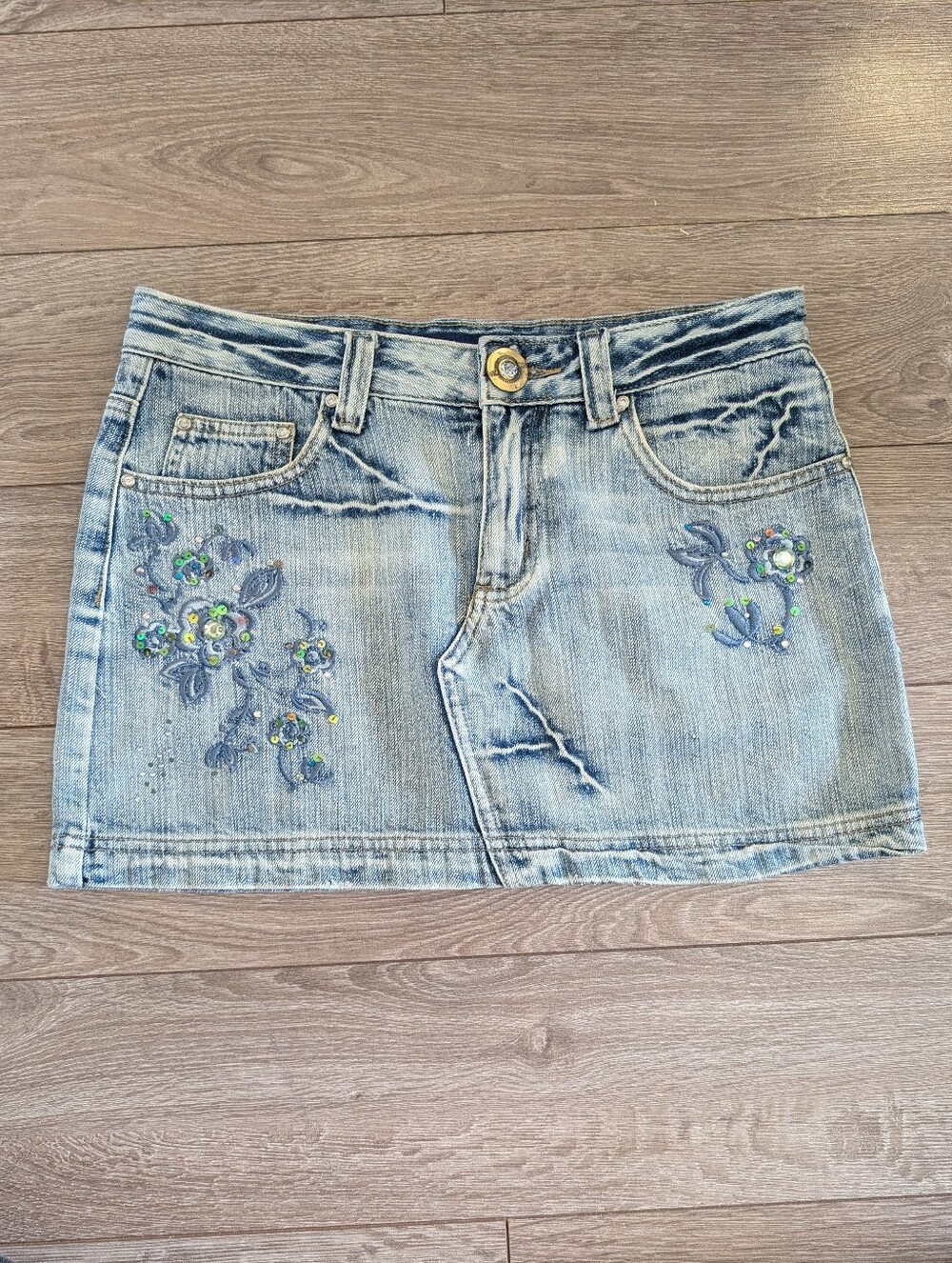 Y2K Embroidered Light Blue Denim Mini Skirt - Rhinstones